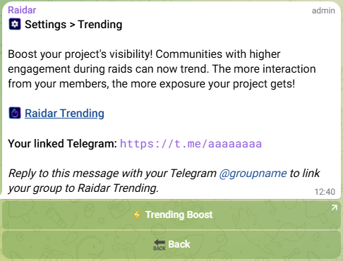 Reply here with your group's Telegram name